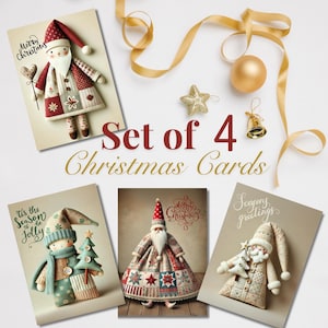 Print at home Vintage Style Christmas Card Set - A6 Size, Instant Download, Set of 4 Naive Santa Claus Designs PDF File to Print at Home