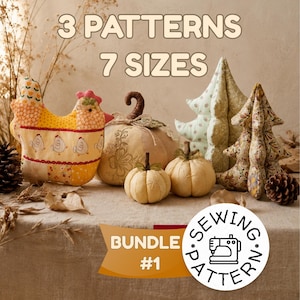 May include: A collection of fabric sewing patterns for autumn-themed decorations. The image features a chicken, pumpkins, and Christmas trees. The text indicates 3 patterns and 7 sizes are included in the bundle. A sewing pattern logo is in the bottom right corner.