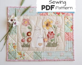 Spring Mini Quilt PDF Pattern - Bunnies and Flowers Panel Quilt Pattern to Download, Small Patchwork Wall Hanging PDF with instructions