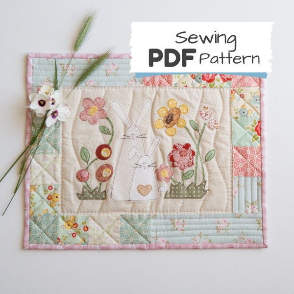 Spring Mini Quilt PDF Pattern - Bunnies and Flowers Panel Quilt Pattern to Download, Small Patchwork Wall Hanging PDF with instructions