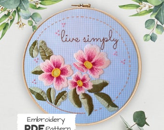 Floral Wreath Hand Embroidery Pattern: 'Live Simply' Design (PDF)