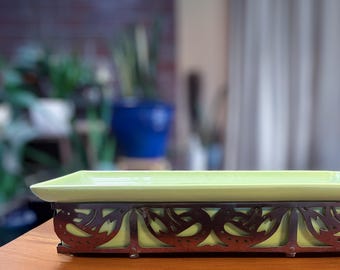 Mid Century Northington Pottery Planter, Chartreuse Ceramic Bowl, Brass Bird Stand