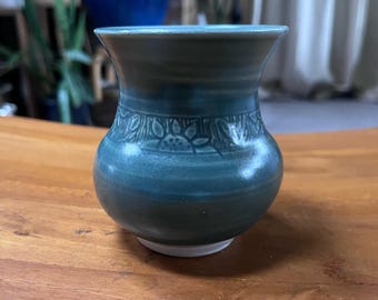 Miniature Arts & Crafts Vase – Matte Sage Green Glaze, Incised Floral Band, Signed AP