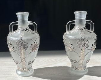 Set of 2 Frosted Glass Vases – Silver Deposit Amphora Shape, Grecian Motif Home Decor