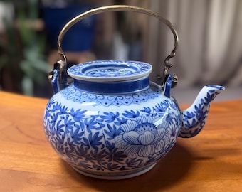 Vintage Blue White Porcelain Teapot, Chinoiserie Floral Brass Handle Tea Pot