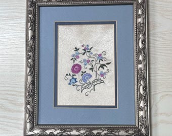 Vintage Silk Floral Embroidery Art | Framed Botanical Needlework | Ornate Silver Frame