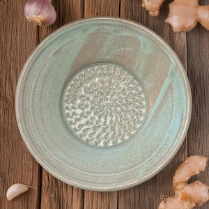 May include: A ceramic grater plate with a textured center and a light teal glaze. Garlic cloves and ginger root are arranged around the plate on a wooden surface, suggesting culinary use.