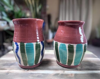 Julie Fox Studio Hand-Painted Terracotta Vases (Set of 2) – Red, Teal, Green Stripes