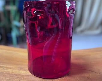 Vintage Ruby Red Art Glass Vase – Mid Century Pinched Dimple Hand Blown Vessel