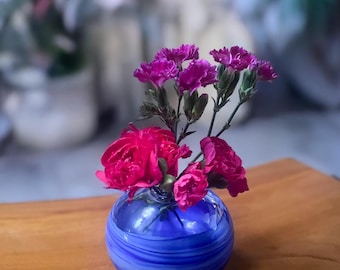 Hand Blown Blue White Swirl Glass Orb Vase, Cobalt Art Glass Decor