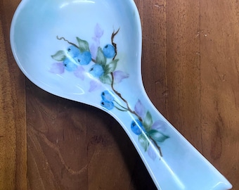 Vintage Hand-Painted Spoon Rest, Floral Ceramic Utensil Holder, Signed Juanita Caldwell 1987