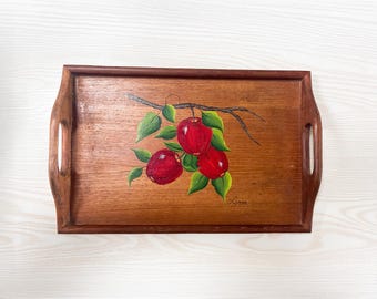 Vintage Hand-Painted Apple Teak Wood Tray, Signed Lynne Folk Art Serving Platter