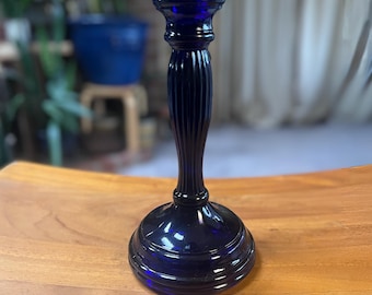 Cobalt Blue Ribbed Glass Taper Candle Holder – 3-Tier Stepped Base – Modern Boho Decor