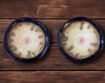 Handmade Ceramic Bowl Set of 2 with Brown and Cream Sunburst Stoneware.