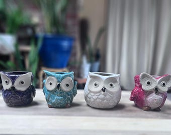 Set of 4 Ceramic Owl Succulent Planters, Small Animal Pots with Drainage