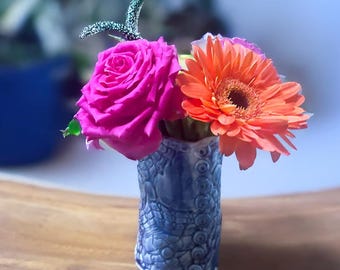 Handmade Signed Blue Textured Studio Pottery Vase, Artisan Ceramic Vessel with Button Detail