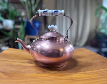 Vintage Copper Kettle - Blue and White Ceramic Handle - Rustic Farmhouse Decor, Cottagecore