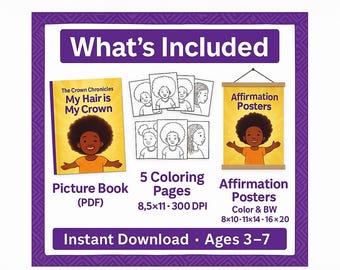 Black Hair-affirmaties: kinderprentenboek, posters, kleurplaten (digitale download)