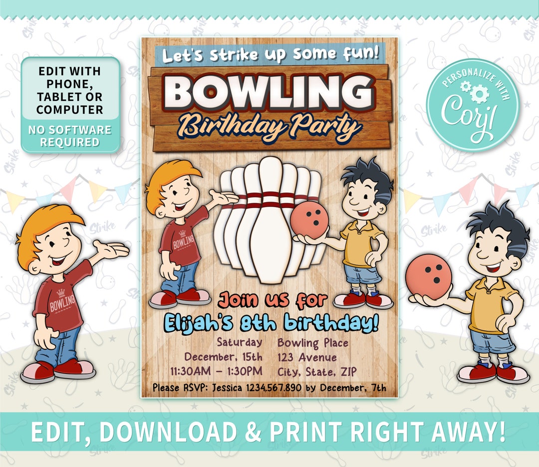 Bowling Party Invitation Boys Bowling Party Invitation Etsy