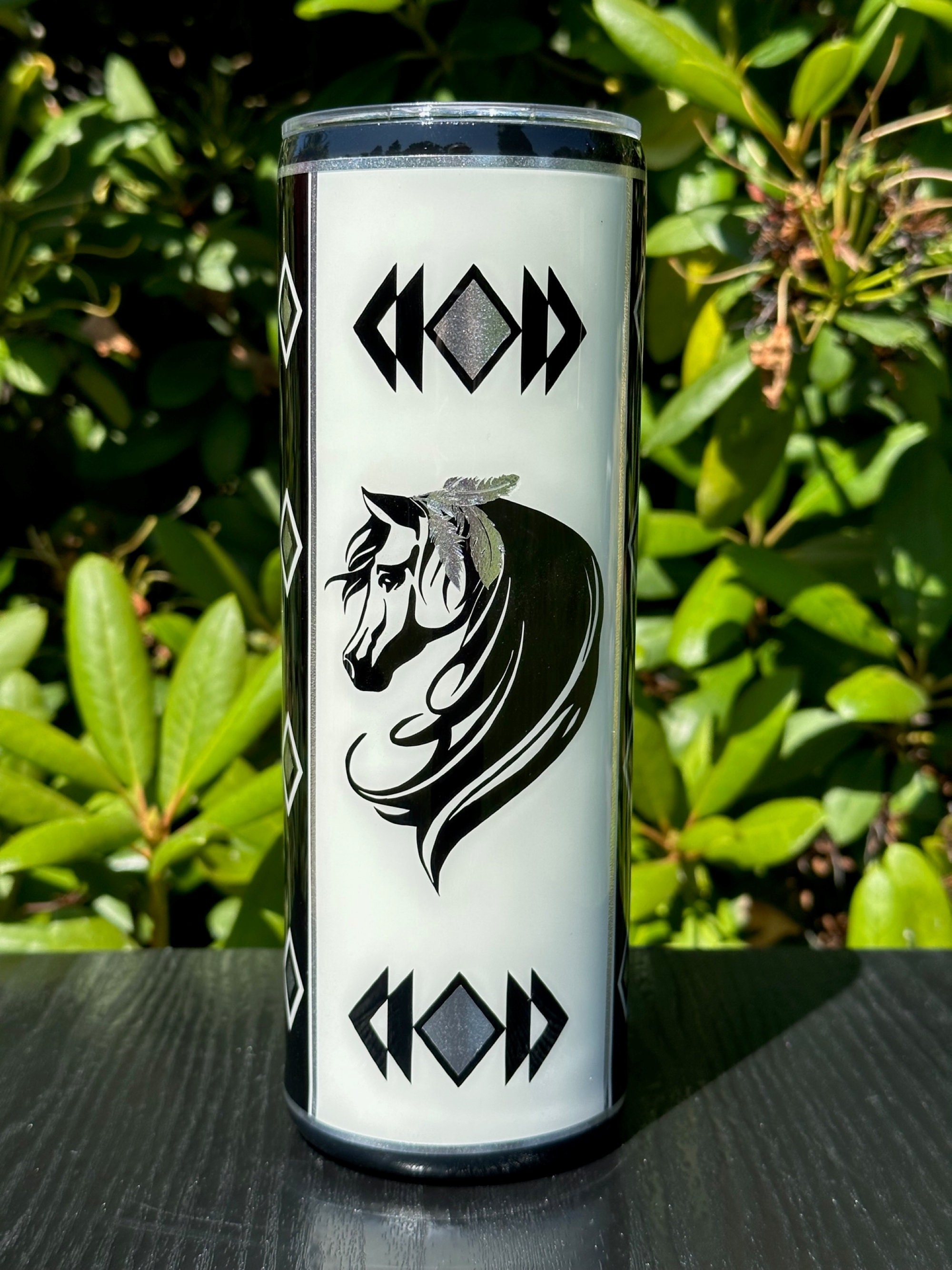 Southwestern Horse Tumbler, black and white tumbler, western