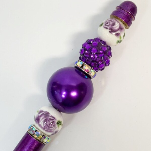 Pluma de cuentas florales púrpuras, pluma de lujo, pluma de cuentas, planificador, pluma de regalo, rosa, cuentas gruesas, pluma, regalo de diario. cuentas de vidrio