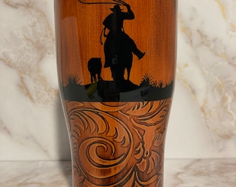 Cowboy Western tumbler, roper, wood grain tumbler, western gift, rodeo, ranch