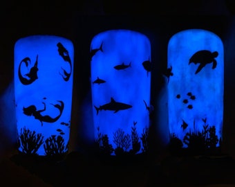 Glow in the dark Shark, Manatee, Seal, Sealion, Jellyfish, Mermaid, Whale, Orca, Octopus, Stingray, or Turtle Ocean scene tumbler