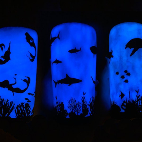 Glow in the dark Shark, Manatee, Seal, Sealion, Jellyfish, Mermaid, Whale, Orca, Octopus, Stingray, or Turtle Ocean scene tumbler