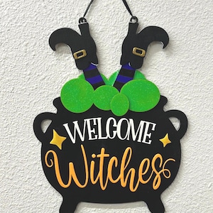 Halloween witch cauldron welcome sign