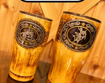 Rodeo Buckle custom tumbler, roping, steer wrestling, barrel racing, team roping, bronc riding, bull riding, can cooler, coozie, koozie