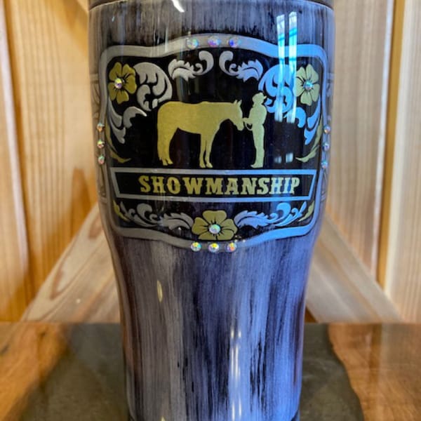 Horse show buckle tumbler, western tumbler, miniature horse tumbler, equestrian tumbler, horse tumbler, wood grain, can cooler, coozie