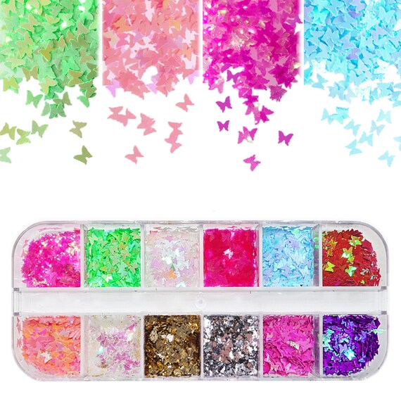 12 Color/Box Neon Butterfly Glitter Sequins Sparkly Color Nail Decal Holographic Mermaid Ultra-thin Flakes for Nail Art DIY, Butterfly Nails