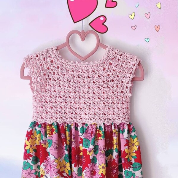 robe d été fille crochet et tissus 3- 4  ans rose et multi couleur