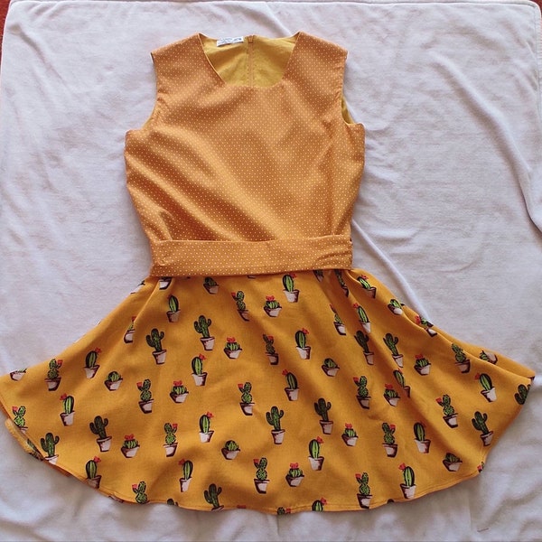 skater dress 6 years old skirt that spins, cactus model and yellow polka dots spring summer