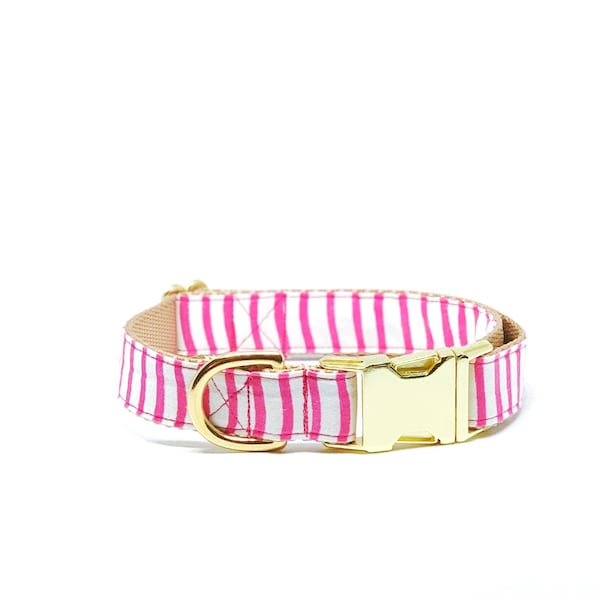 Pink Watercolor lines Dog Collar - Summer Dog Collar - Painted Stripes Collar - Brass Hardware - Gold Buckle - Spring - Fashionable collar