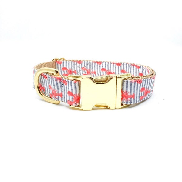 Red Lobster Dog Collar - Summer Dog Collar - Brass Hardware - Gold Buckle - Nautical Dog Collar - Sea Dog Collar - Lobster Pinstripe Collar