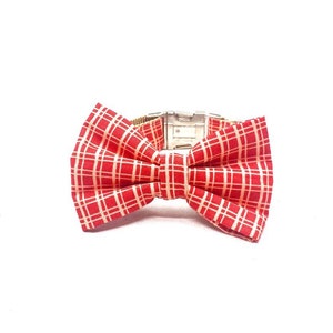 Red Christmas Check Dog Bow Tie, Removable Bow Tie for Collar, Christmas Accessory, Boy Dog, Red & White Plaid, Holiday Bow Tie