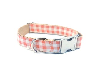 May include: A pink and white gingham dog collar with a silver buckle and D-ring.