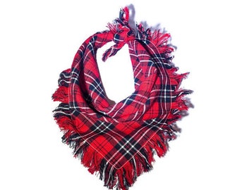 May include: Red and black plaid bandana with frayed edges.