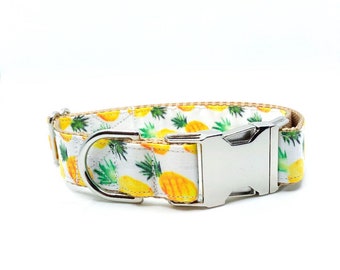 Pineapple Dog Collar - Summer Dog Collar - Yellow Tropical Collar - Nickel Hardware -Silver Buckle- Fashionable dog collar - Handmade collar