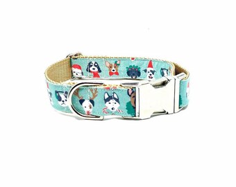 Christmas Dogs Dog Collar, Winter Dog Collar, Holiday Collar, Festive Dogs, Christmas Puppies, Green Dog Collar