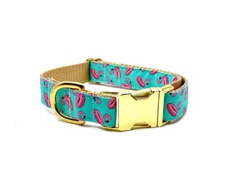 Hundhalsband med rosa flamingo-motiv, sommarhalsband för hund, poolrör för hund, semesterhund, retrohundhalsband, tropiskt halsband, turkos och rosa halsband