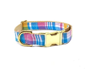 Summer Plaid Dog Collar, Spring Dog Collar, Summer Boy Dog Collar, Preppy Collar, Tropical Plaid Collar, Pink Blue Plaid collar, Coastal Dog