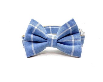 Blue Flannel Dog Bow Tie, Removable Bow Tie for Dog Collar - Fall Dog Accessory -Everyday Bow Tie, Detachable Bow Tie, Plaid Flannel Bow Tie