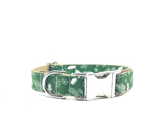 Holly Leaves Dog Collar - Fall/Winter Dog Collar - Holiday Collar - Nickel Hardware - Silver Buckle - Snowflake Collar - Green Dog Collar