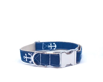 Blue Anchor Dog Collar - Summer Dog Collar - Nickel Hardware - Silver Buckle - Nautical Dog Collar - Boat Collar - Navy Collar - Handmade