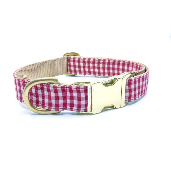 Red and White Checkered Dog Collar - Fall Dog Collar - Girl/Boy Dog Collar - Autumn Pet Collar - Brass Hardware - Gold Buckle - Red Plaid