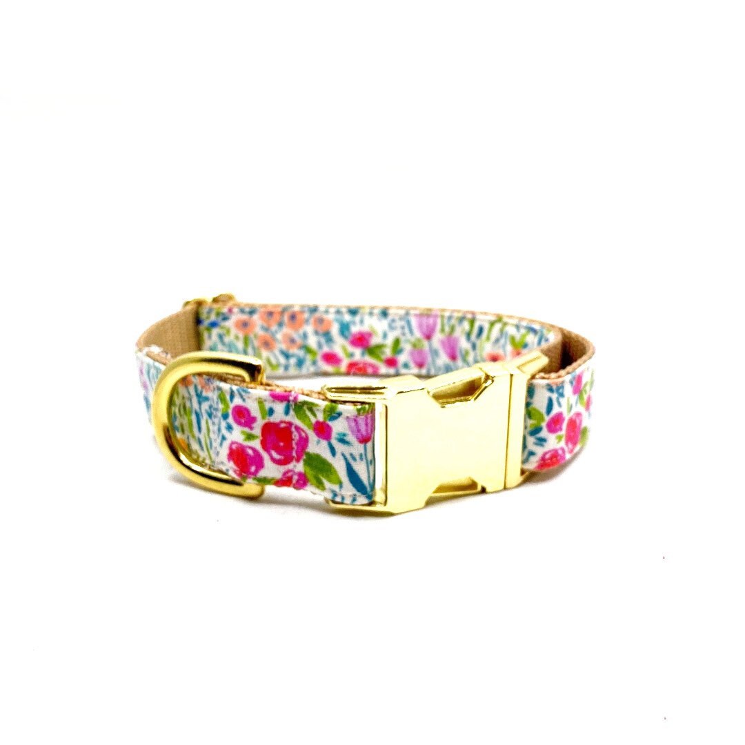 Colorful Flower Dog Collar Spring/summer Dog Collar Brass Hardware Gold