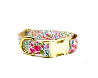 Colorful Flower Dog Collar - Spring/Summer Dog Collar - Brass Hardware - Gold Buckle - Bright Flower Collar - floral Collar- boho dog collar