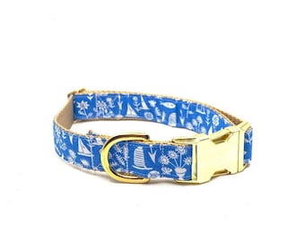 Blue Nautical Dog Collar: Sea Life, Sailboat Print, Brass Buckle